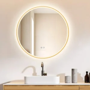 Runder LED Wandspiegel mit Goldrahmen & Antibeschlag – Lichtfarbe wechselbar
